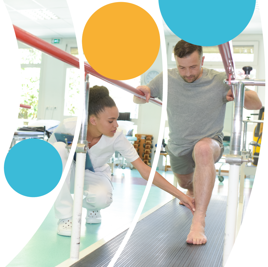 Progression graphic - rehabilitation - Rehabilitation - physiotherapist helping person with leg injury